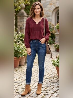 Daniel Rainn Red Tie Front Bib Collar Blouse